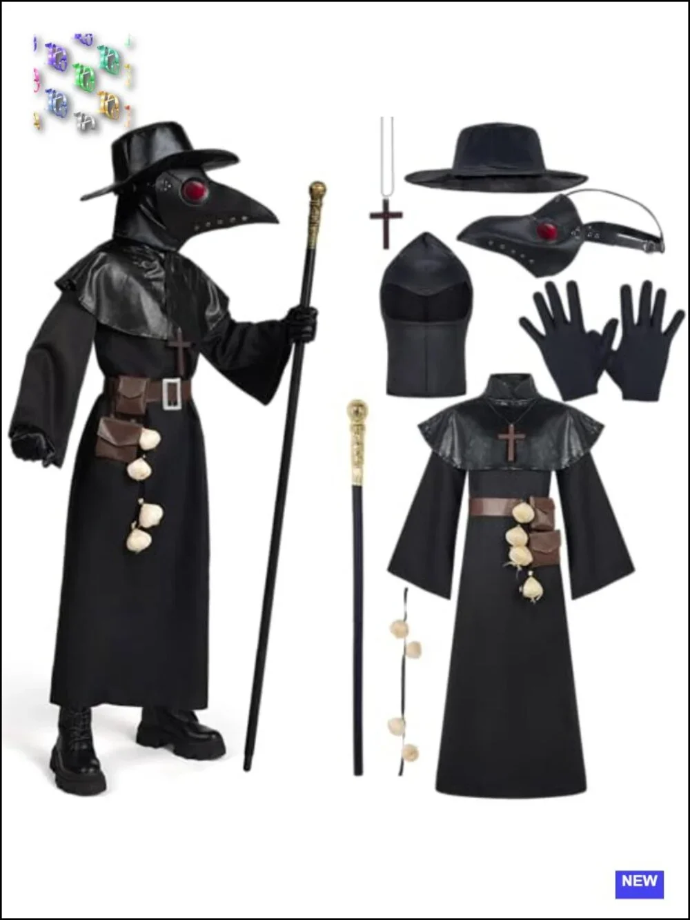10-in-1 Plague Doctor Costume Set for Kids Halloween Cosplay Polyester Child